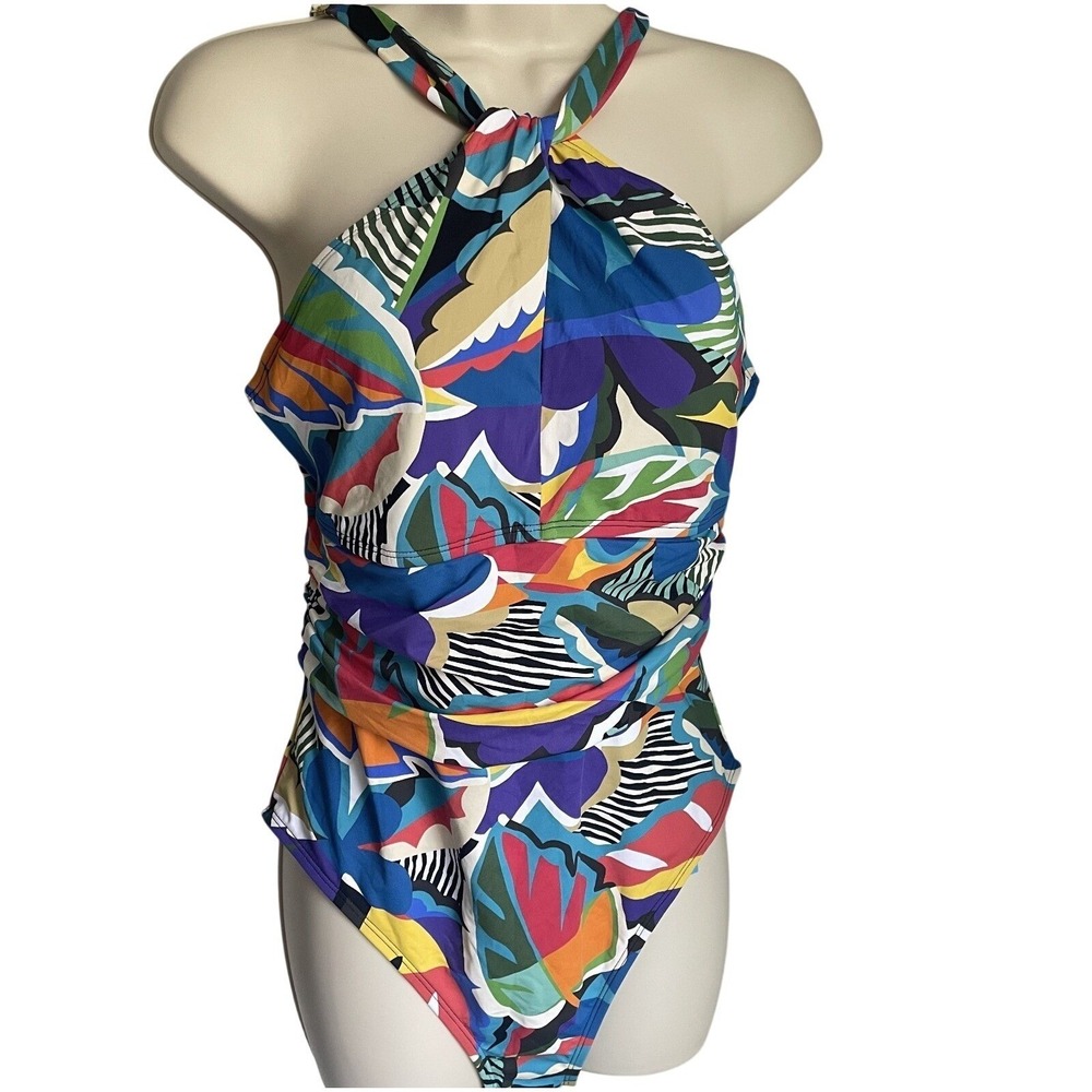Bleu Rod Beattie NWT One Piece Swimsuit Size 12 Ruched Halter Multi